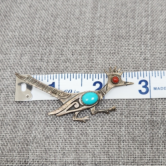 Vintage Navajo Zuni Roadrunner Sterling Turquoise Coral Pin Brooch - Picture 2 of 3
